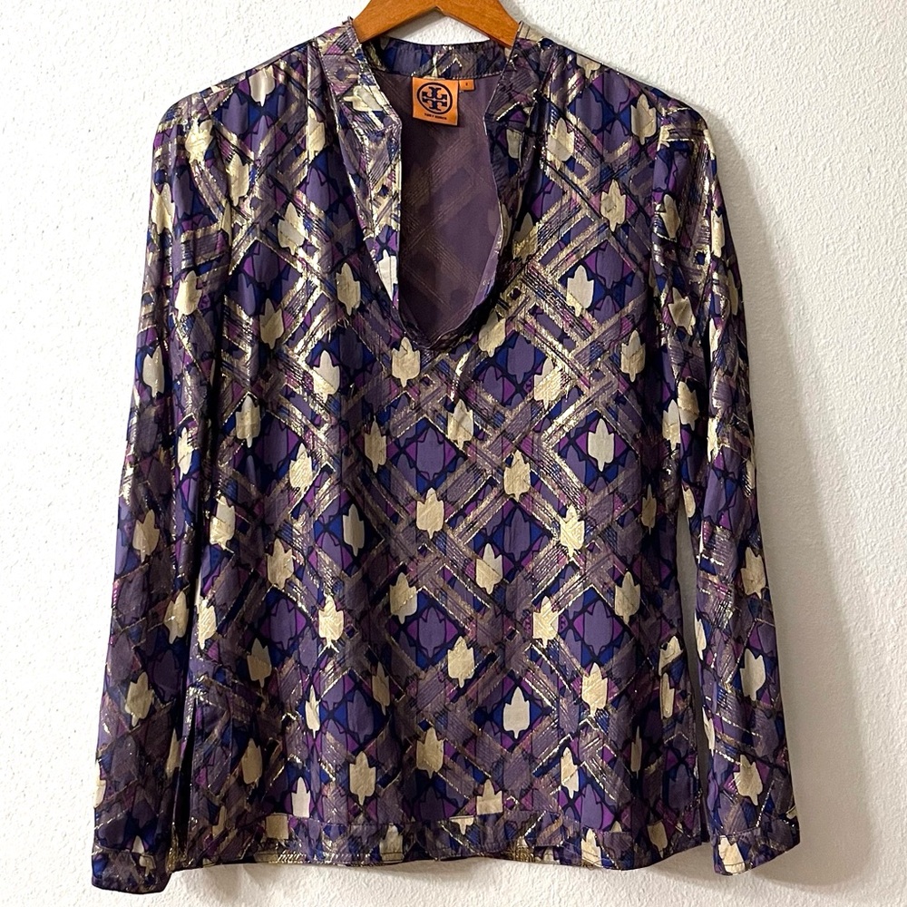 Tory Burch Purple and Gold Geometric Blouse